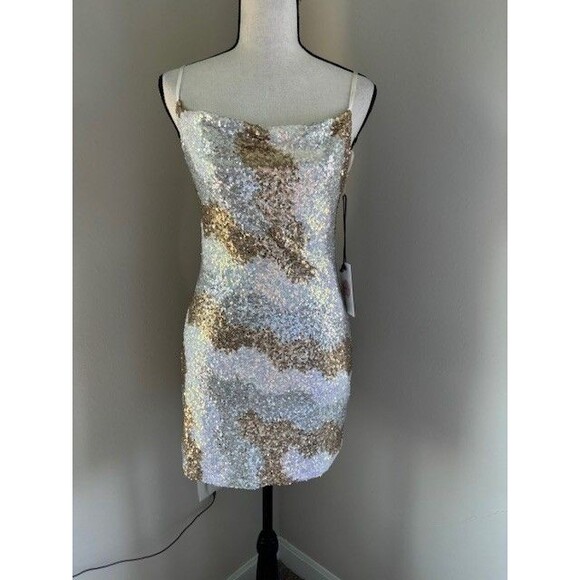 Crystal Sky Sequin Sleeveless Short Dress Gold and White Lined Sz XS - Picture 1 of 5